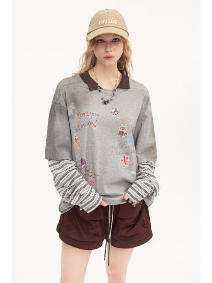 Cartoon Sticker Long Sleeve T-shirt【s0000015894】