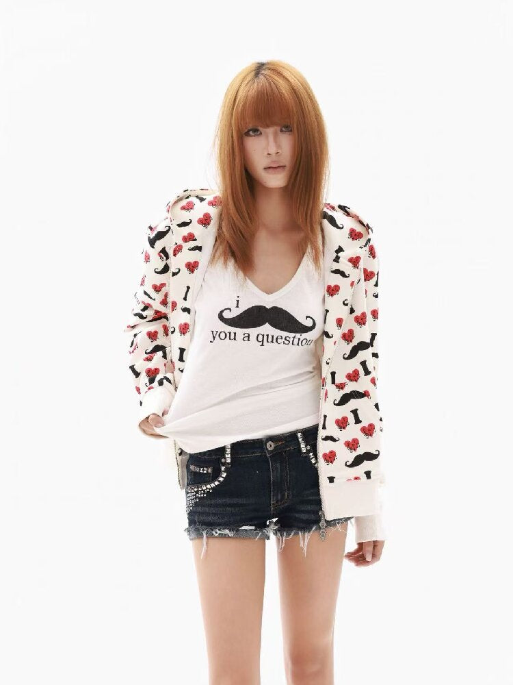 Heart Print Wide Zip Hoodie Jacket【s0000018354】