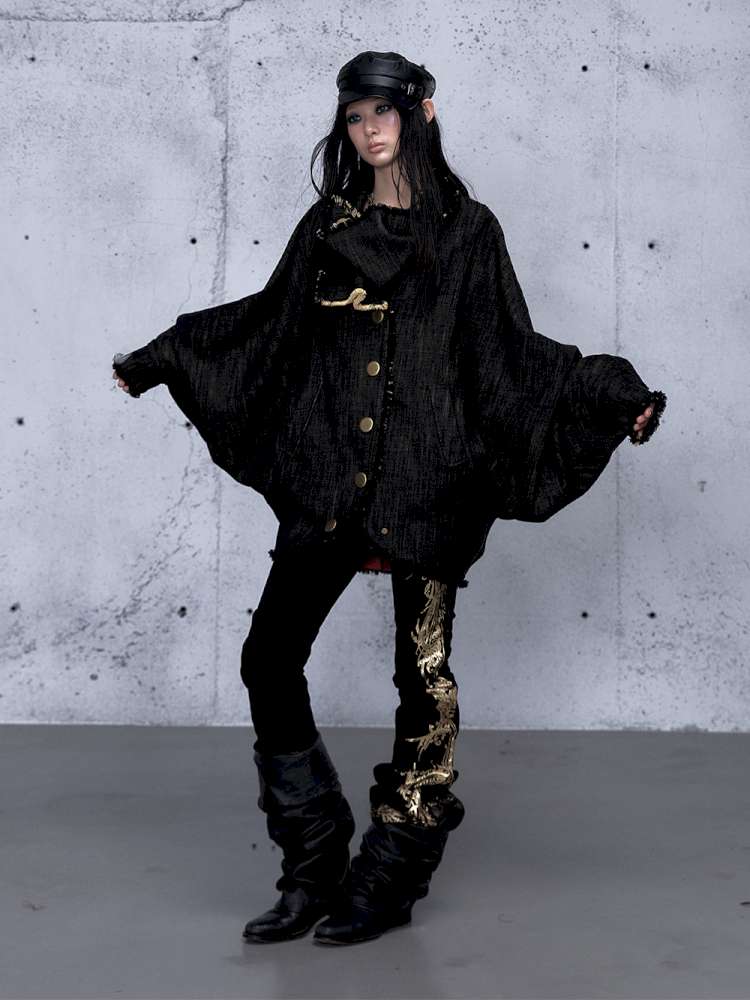 Punk Plaid Denim Bat Woolen Coat【s0000014929】