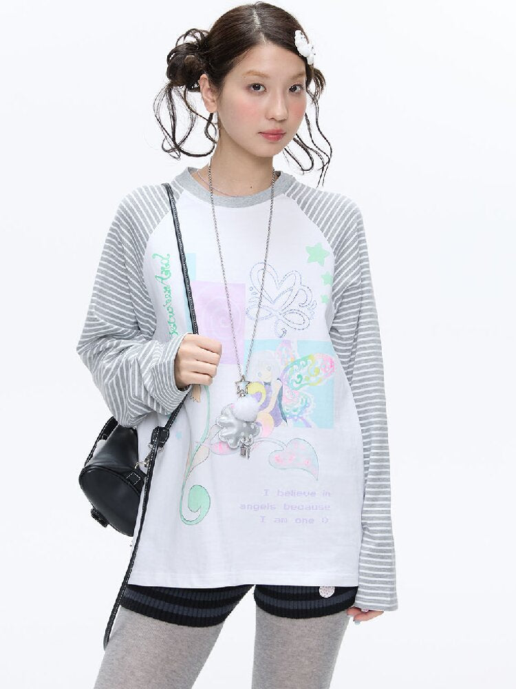 Loose Print Striped Raglan Top【s0000016378】