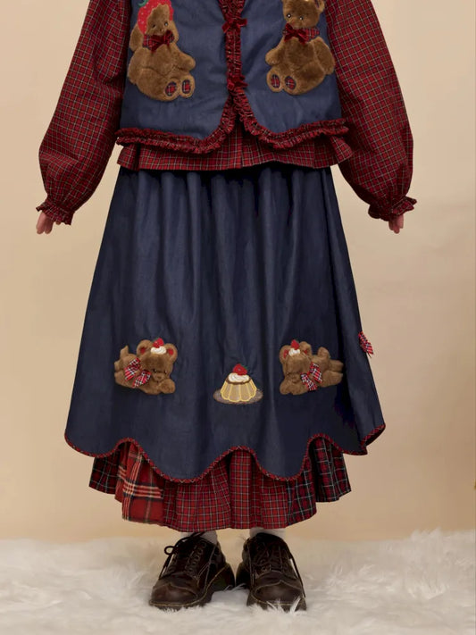 Teddy bear embroidered denim skirt【s0000014176】