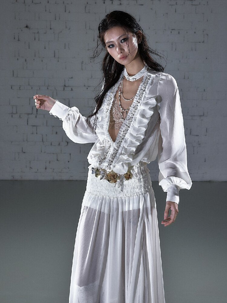 Shirring Deep V Chiffon Dress【s0000015932】