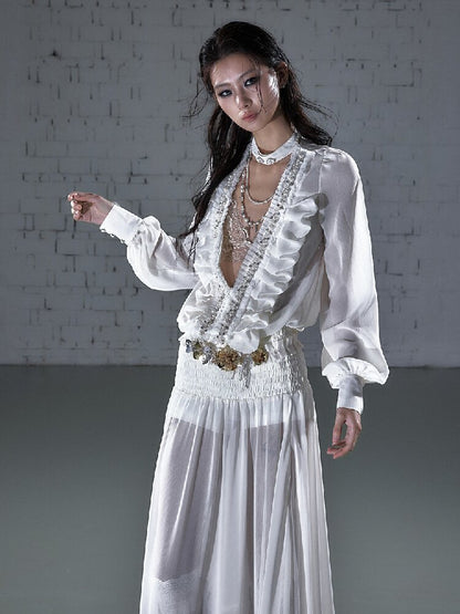 Shirring Deep V Chiffon Dress【s0000015932】