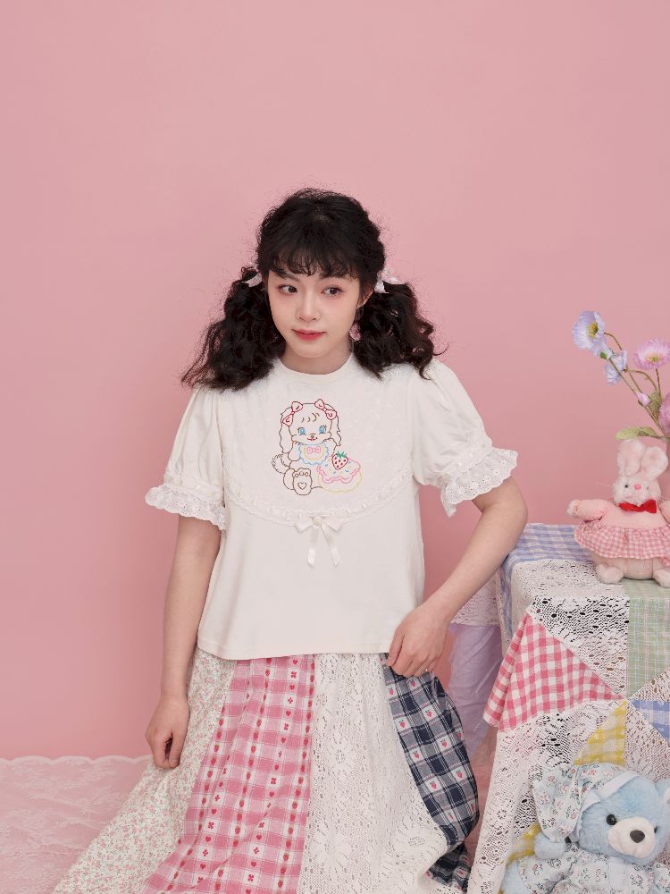 Lace Ribbon Bubble Sleeve T-Shirt【s0000012014】