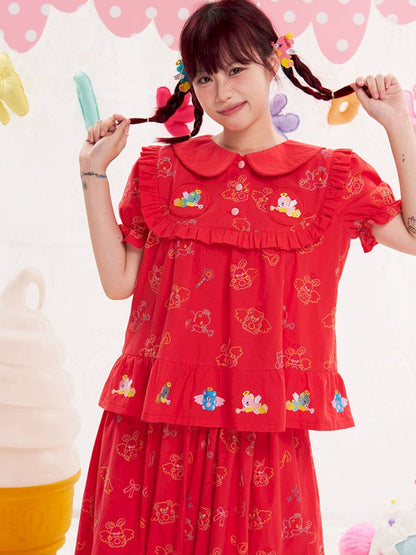 Animal angel heavy embroidery red doll shirt【s0000013184】