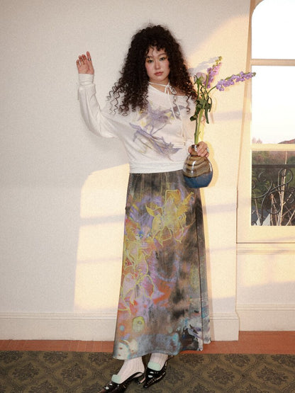 Mist Orchid Print Lace Up Top【s0000015457】