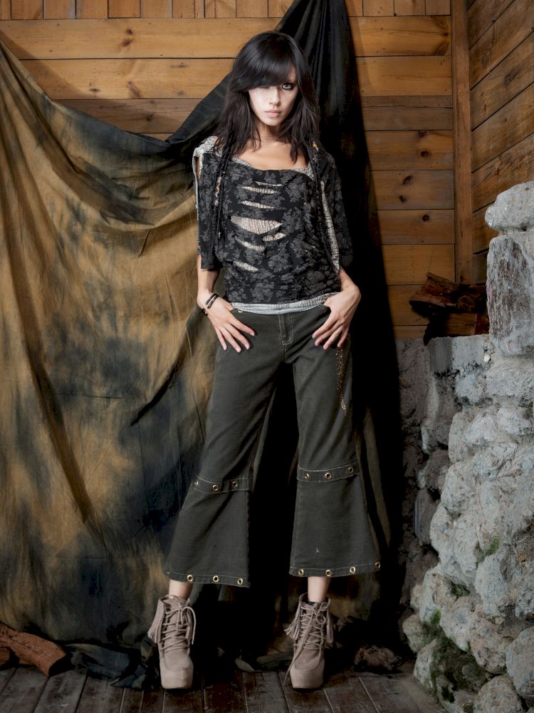 Military Green Cropped Flared Pants【s0000013894】