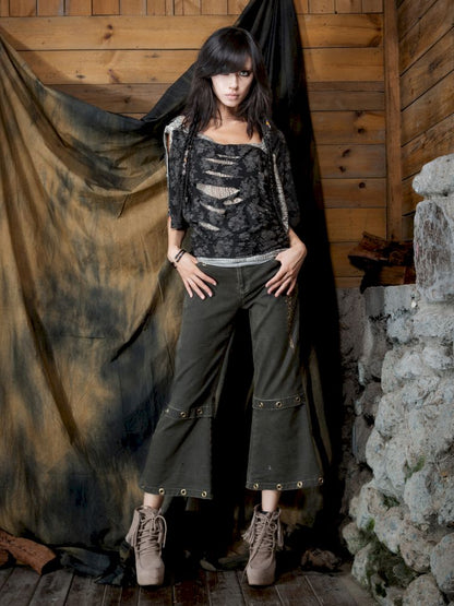 Military Green Cropped Flared Pants【s0000013894】