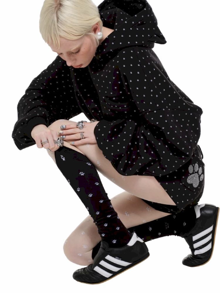 Cat's Paw Long Short Polka Dot Hooded Cardigan Sweatshirt Sweatpants Set【s0000011566】