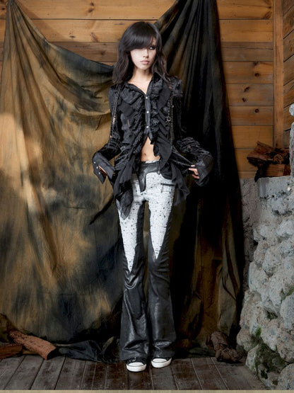 Patchwork Flared Denim Leather Pants【s0000013896】