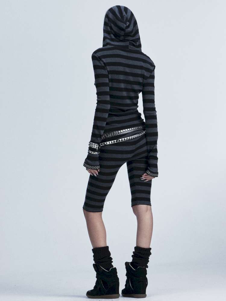 Black Gray Striped Stud Top Set【s0000014667】