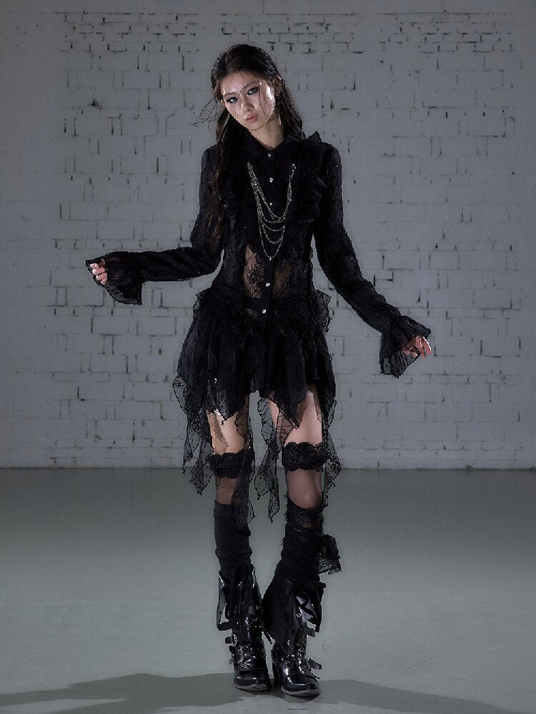 Openwork Lace Irregular Shirt Dress【s0000015941】
