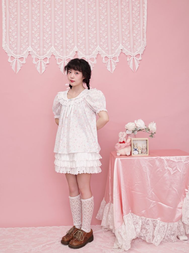 Rose pattern puff sleeve top【s0000012851】