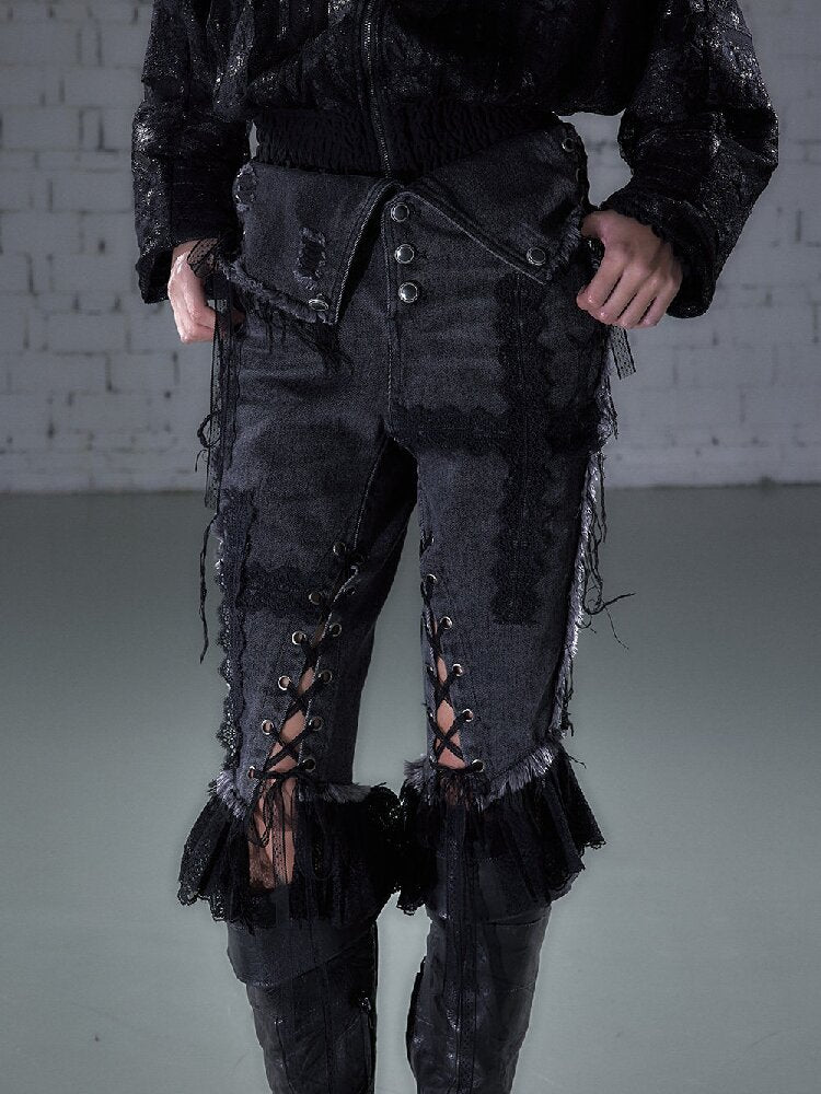Raw Edge Lace Skinny Denim Pants【s0000016202】