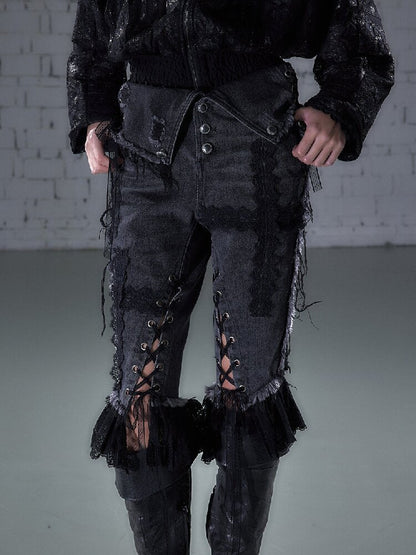 Raw Edge Lace Skinny Denim Pants【s0000016202】