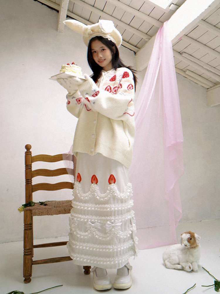 Cream Strawberry Cake Print Pencil Skirt【s0000014531】