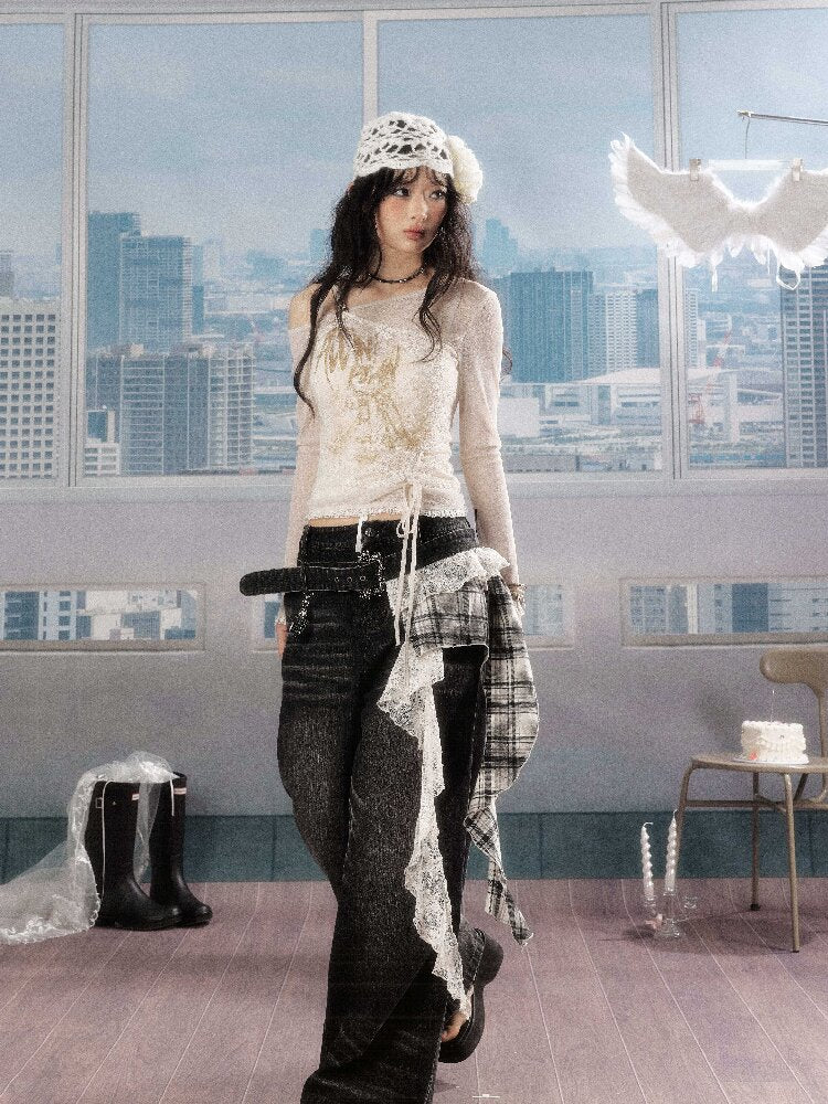 Plaid Ruffled Wide Leg Jeans【s0000016268】