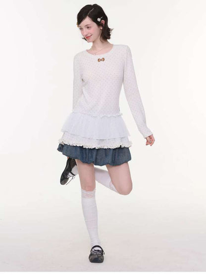 Lace Pleated Polka Dot Top【s0000015429】