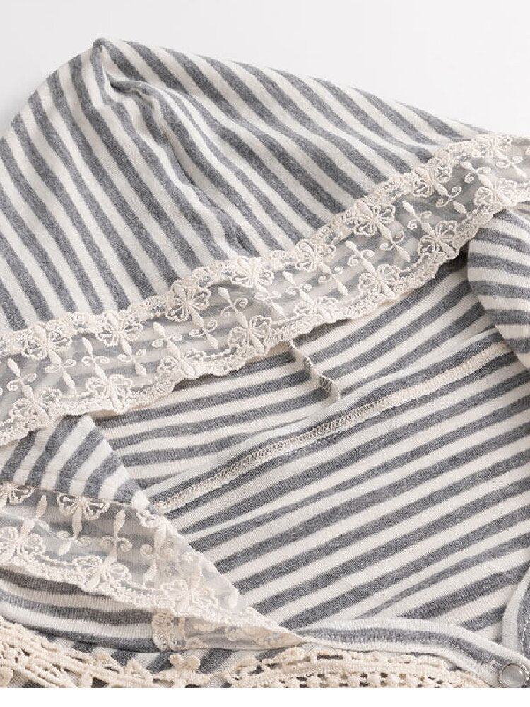 Lace Patchwork Striped Knit Top【s0000019240】