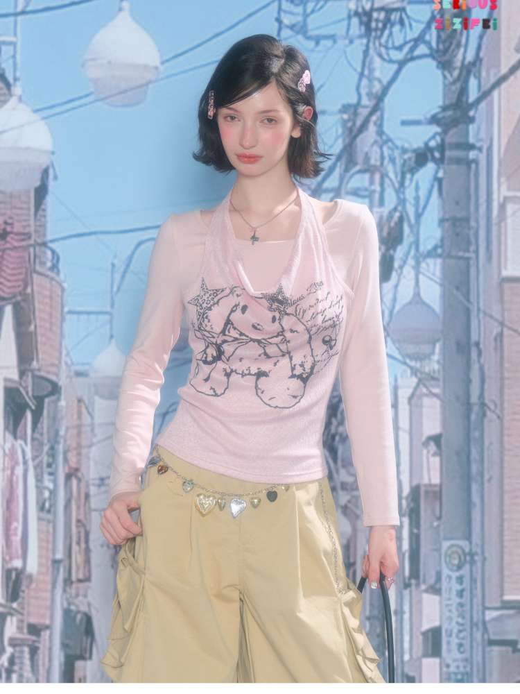 Rabbit Print Slim Halterneck Top【s0000015436】