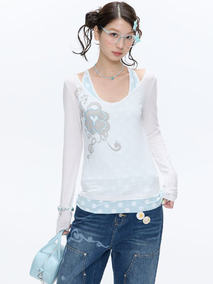 Mint Polka Dot Vest Two Piece Top【s0000016401】