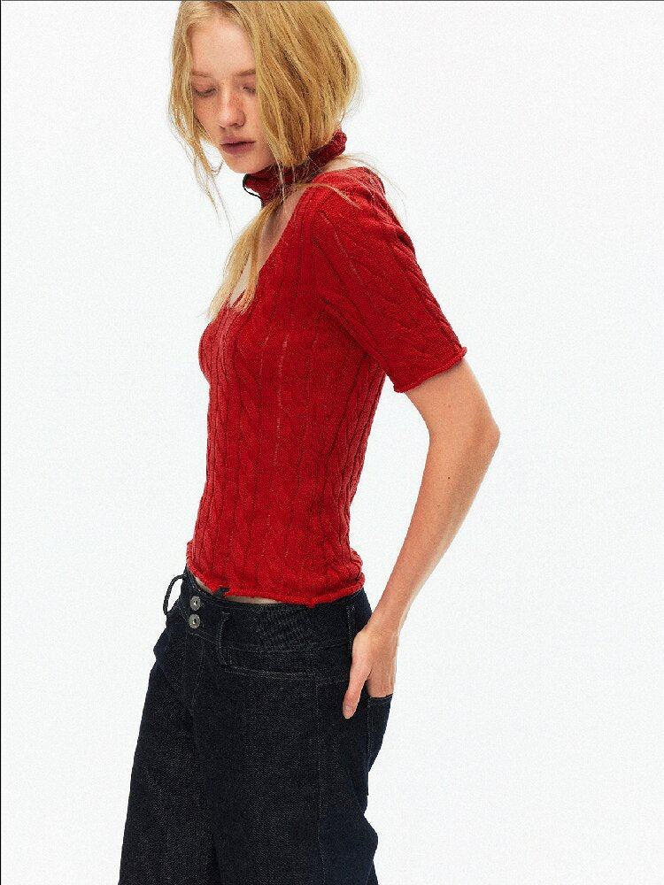 Cut Out Cable V-Neck Knit Top【s0000015928】