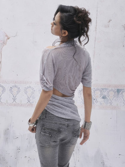 3-Tone Knitted Mesh Pleated T-Shirt【s0000016063】