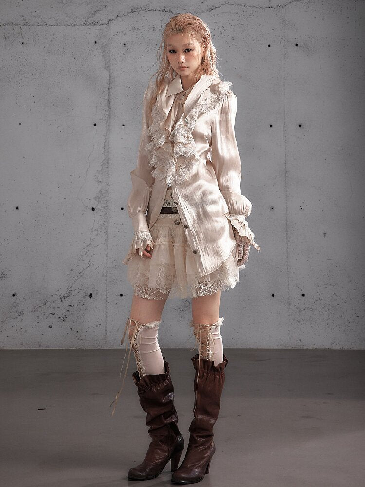 Ruffled Lace Satin Silk Shirt【s0000019157】