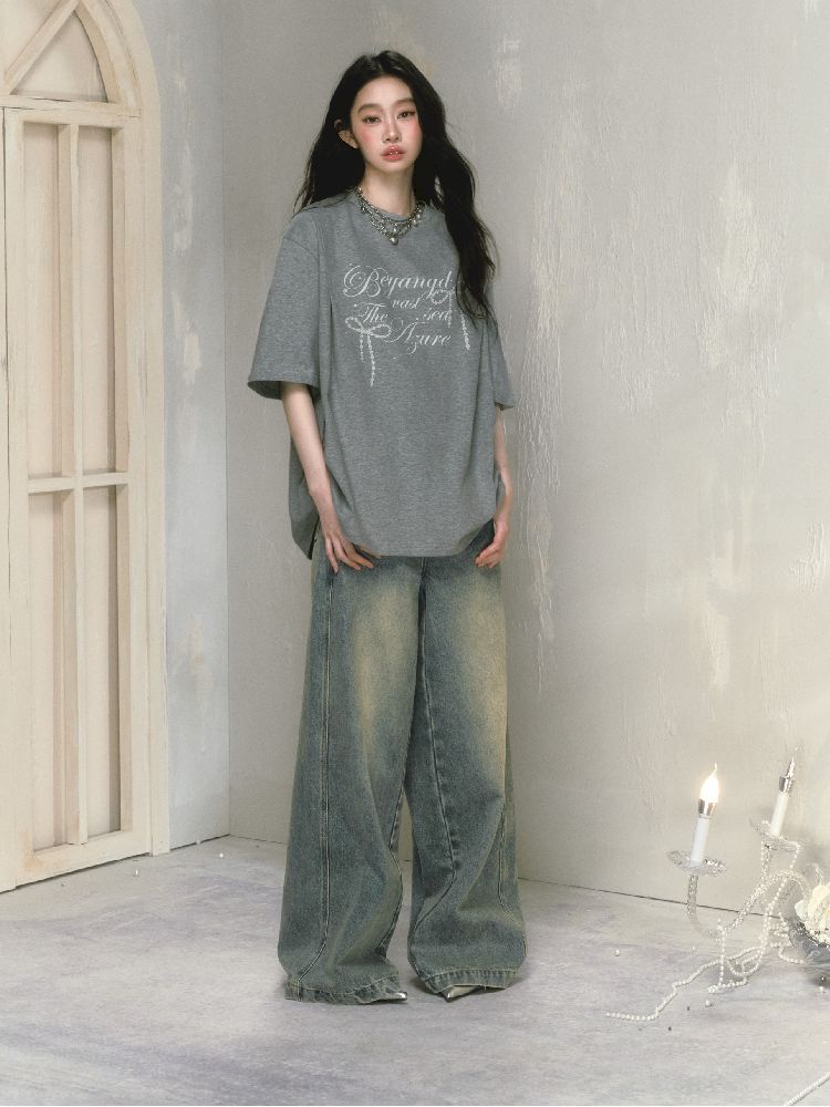 Wide-leg broken holes micro-laundry jeans【s0000012140】