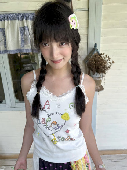 Colorful printed lace trim tank top【s0000012772】