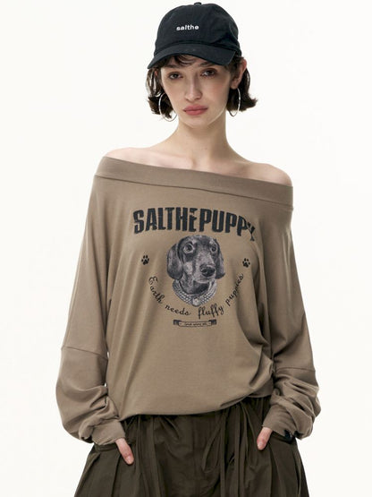 Puppy Printed Slant Shoulder Long Sleeve T-Shirt【s0000013744】