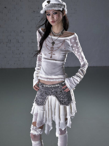 Washed Irregular Leather Denim Skirt【s0000015943】
