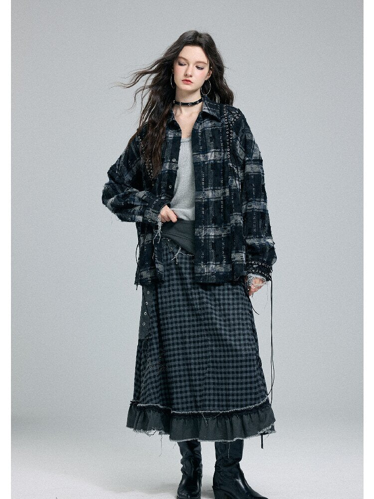 Plaid Strap Torn Long-Sleeved Shirt【s0000016258】