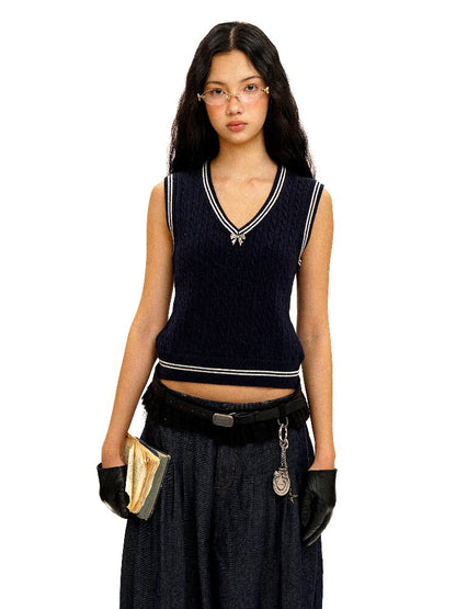 Contrast Twist Bow Woolen Vest【s0000016098】