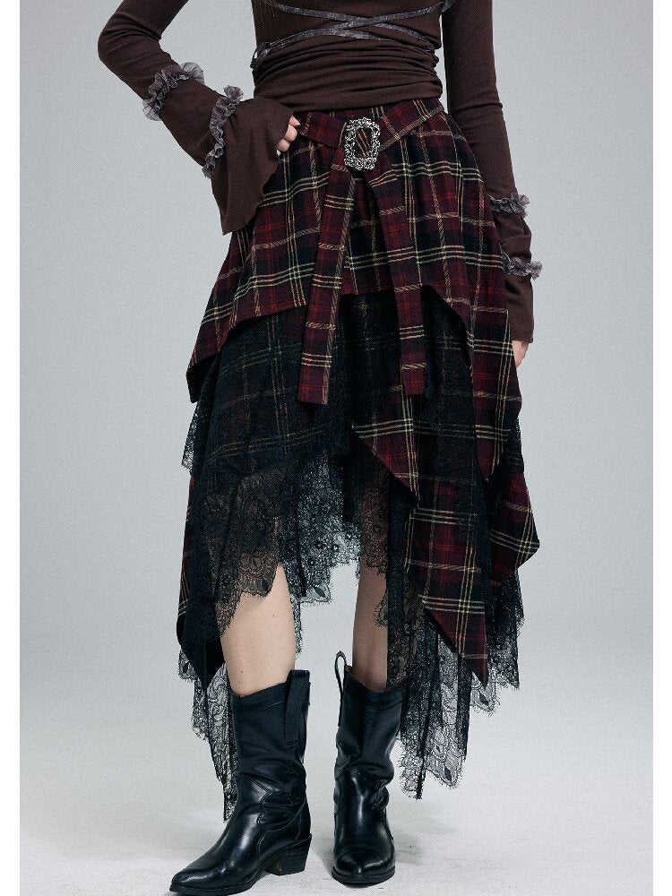 Damaged Plaid Lace Irregular Skirt【s0000016263】