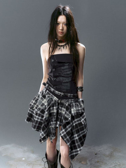Asymmetrical patchwork plaid strapless dress【s0000012808】