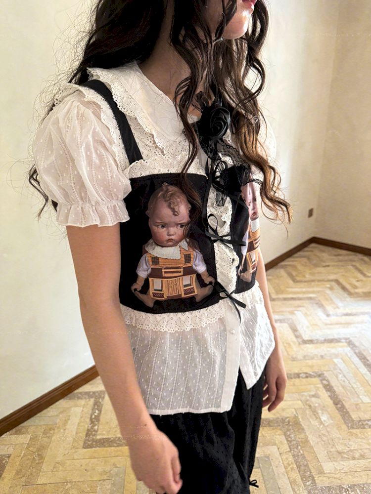 Cute doll print lace bow vest【s0000012760】