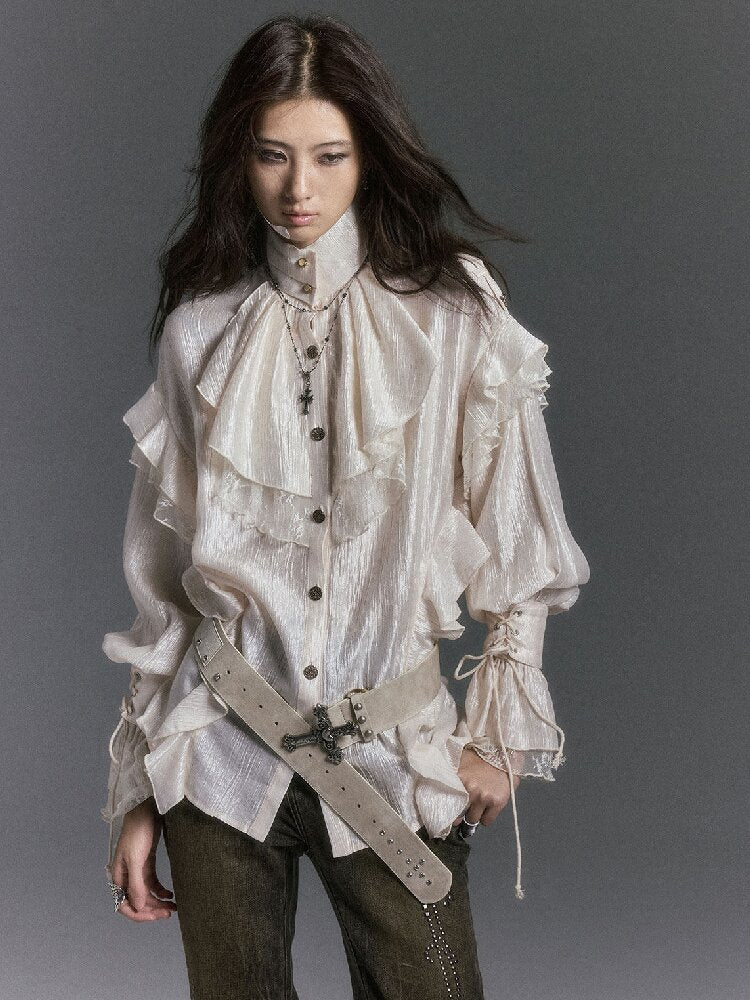 Patchwork Pearlescent Ruffled Stand Collar Shirt【s0000019242】