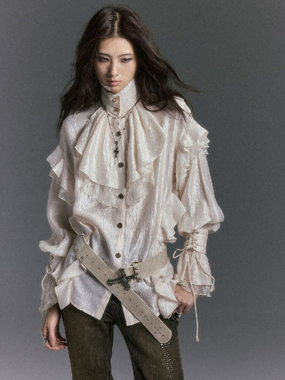 Patchwork Pearlescent Ruffled Stand Collar Shirt【s0000019242】