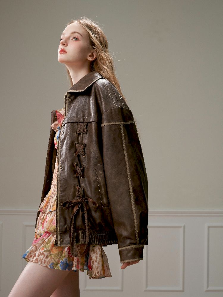 Lace Tie Brown Washed Scrub Color Fur Coat【s0000005321】