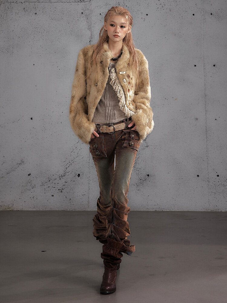Distressed Pleated Low Rise Jeans【s0000019152】