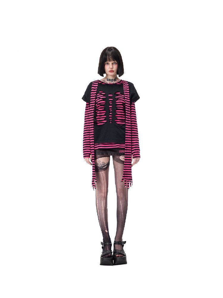 Cat Bone Print Riveted T-Shirt【s0000017714】