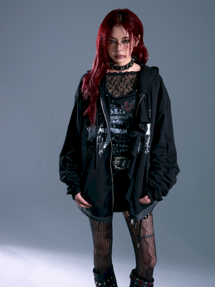 Ruffled Print Hoodie Cardigan【s0000013917】