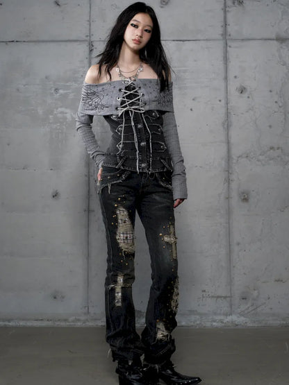 Distressed Straight-Leg Slim-Fit Jeans【s0000013946】