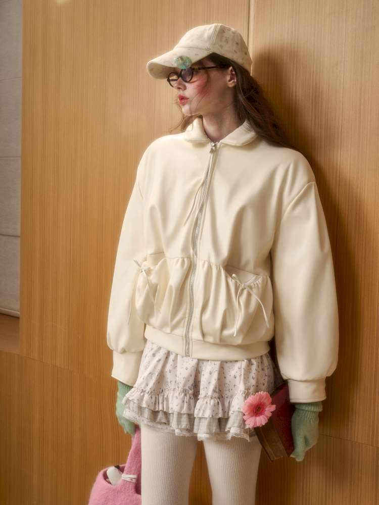 Cream Leather Doll Collar Leather Jacket【s0000014885】