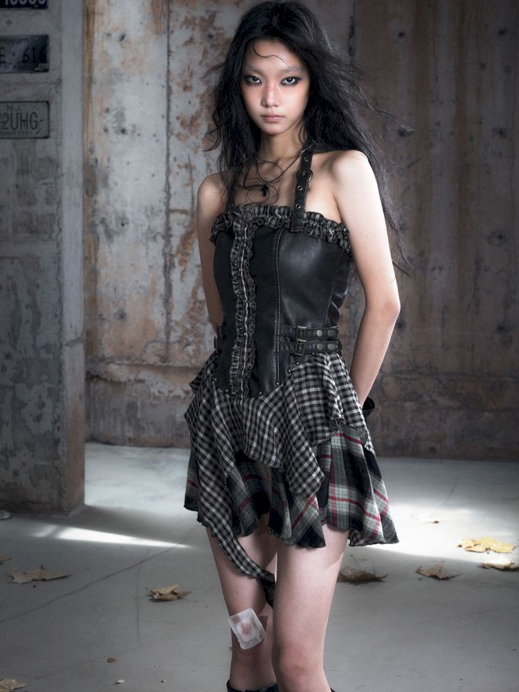 Patchwork Lattice Waisted Dress【s0000013889】