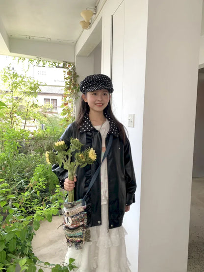 Lace-Trimmed Oversized Leather Jacket【s0000014167】