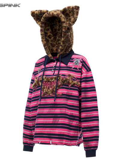 Pink Striped Leopard Cat Ear Hood【s0000015115】