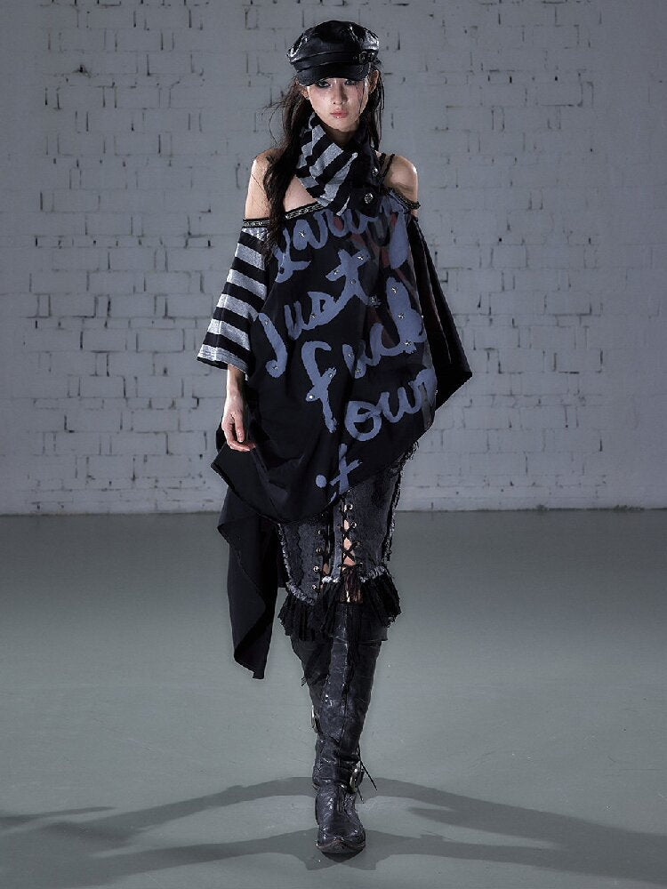 Asymmetrical Striped Webbing T-shirt【s0000015938】