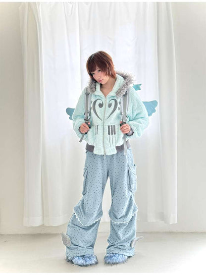 Mint Green Cotton Star Plush Hooded Jacket【s0000014693】